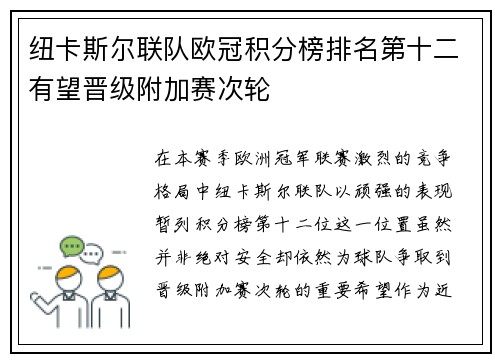纽卡斯尔联队欧冠积分榜排名第十二有望晋级附加赛次轮